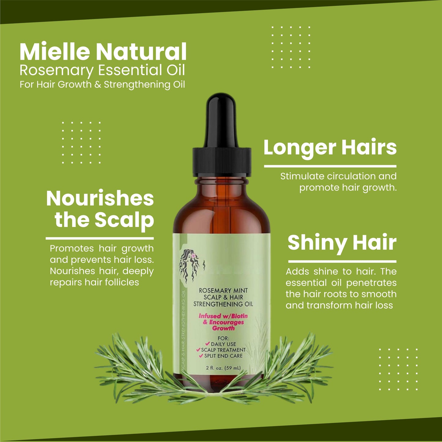 Mielle Natural Rosemary Essential Oil – Hair Growth, Hair Fall Control & Skin Nourishment | 100% Organic, 59 ML