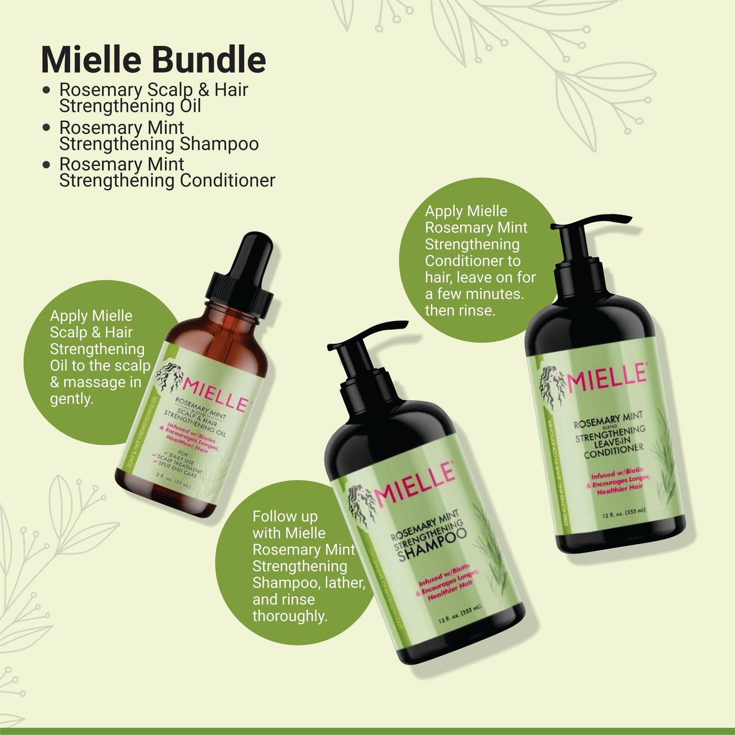 Mielle Bundle Natural Rosemary Scalp & Hair Strengthening Oil, Mint Shampoo & Conditioner - 59 ML & 355 ML Each