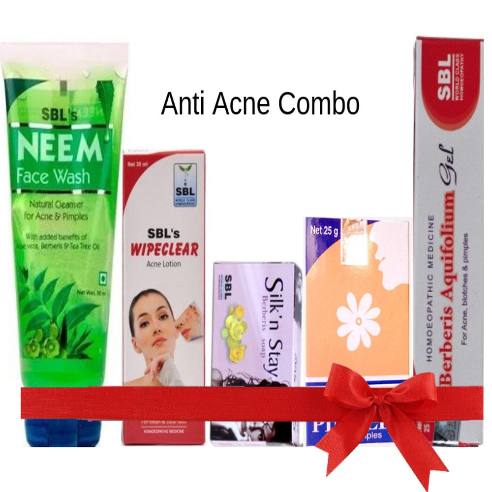 SBL Anti Acne Combo: pimplex tab, wipeclear lotion, neem face wash, berberis gel & soap