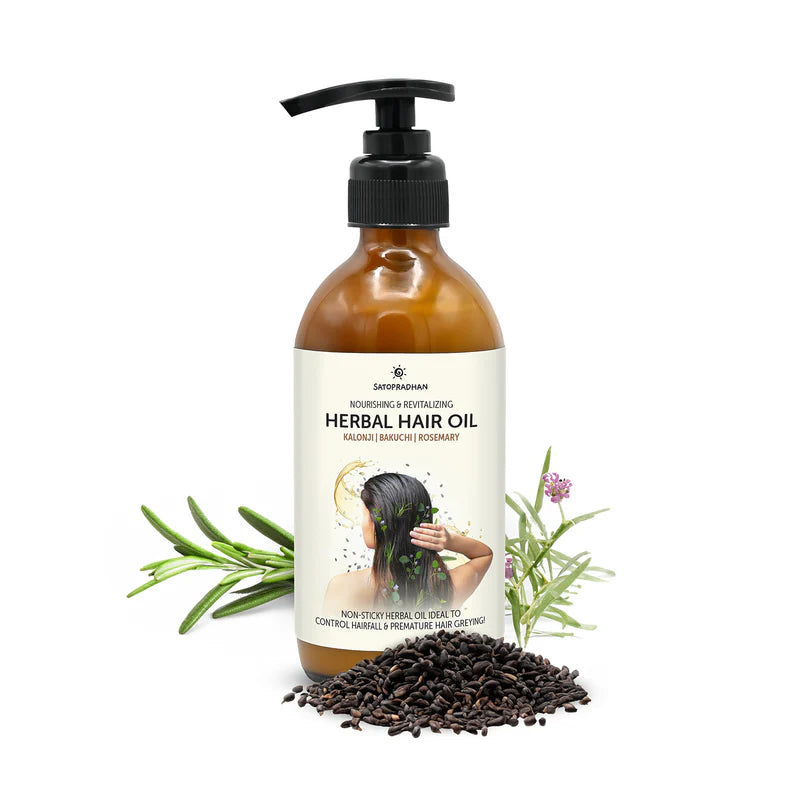 Satopradhan Herbal Hair Oil 200ml - Bakuchi, Kalonji & Organic Rosemary Oil For Hair Growth & Thickness | Hairfall Control Oil | Non-Sticky Oil For Premature Grey Hair - Plant-Based & Eco-friendly hair oil for Dry, Wavy & Curly Hair