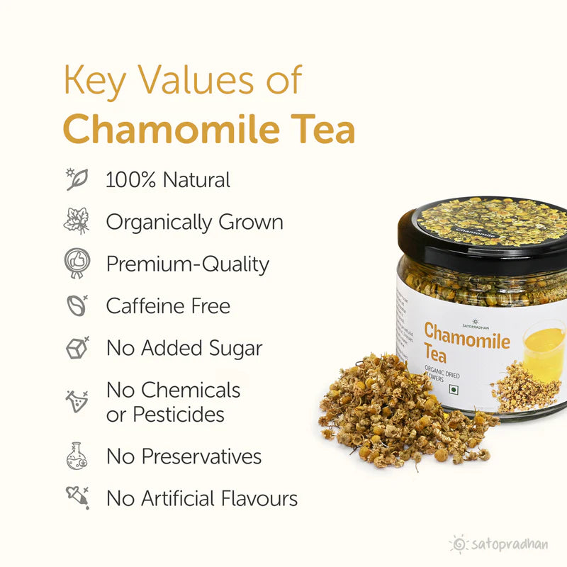 Satopradhan Organic Chamomile Tea 25g - Shade Dried Flowers for Sound Sleep, Relaxation & Anxiety Relief- Perfect for Period Pain Relief, Thyroid & Overall Wellness - Loose Leaf Herbal Tea