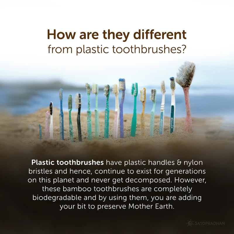 Satopradhan Bamboo Toothbrushes Set of 4 - Bamboo Handles & Gentle Bristles- Colored markings for easier identification