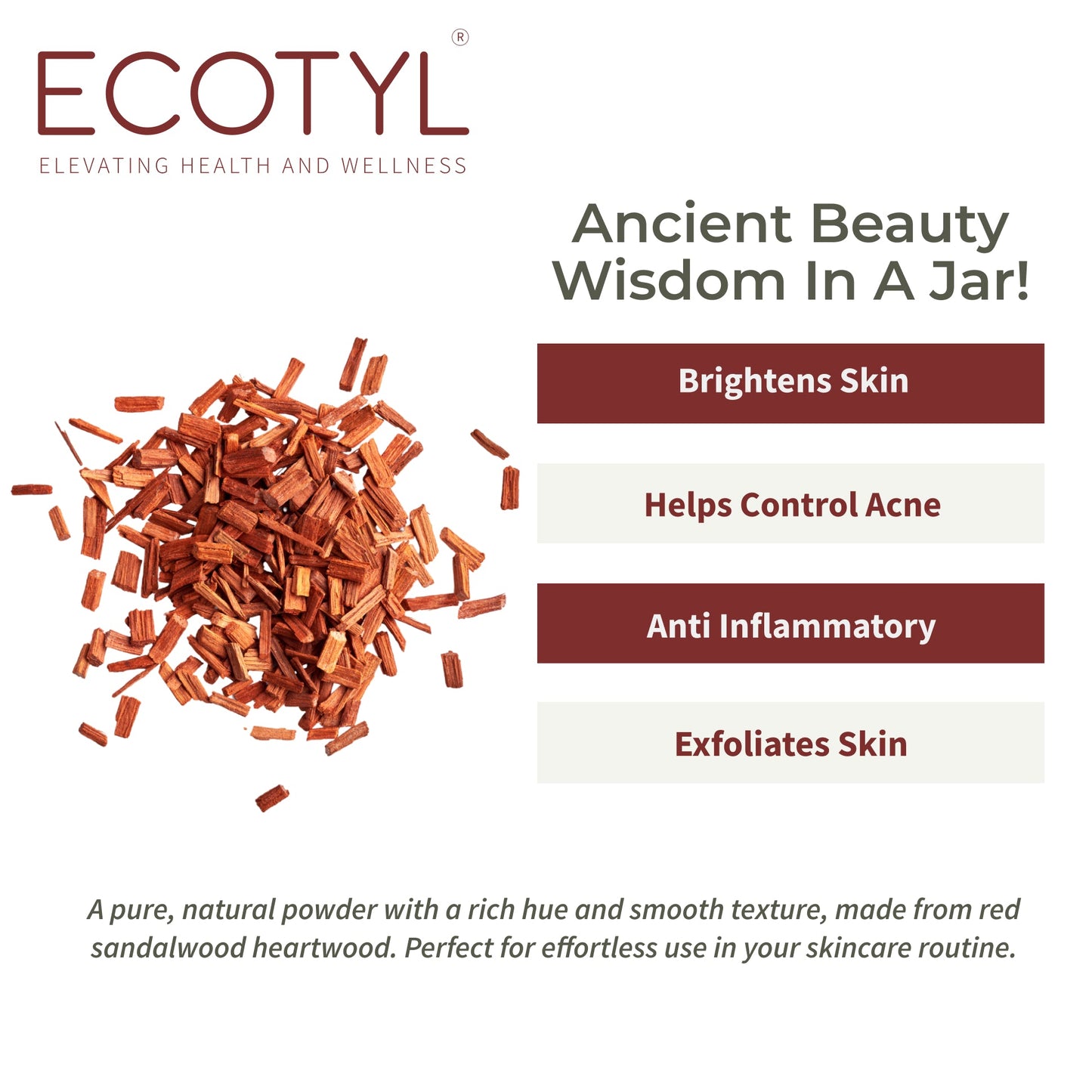 Ecotyl Red Sandalwood Powder | Natural Skin Brightener | Anti-Acne| Ayurvedic Skincare |100g