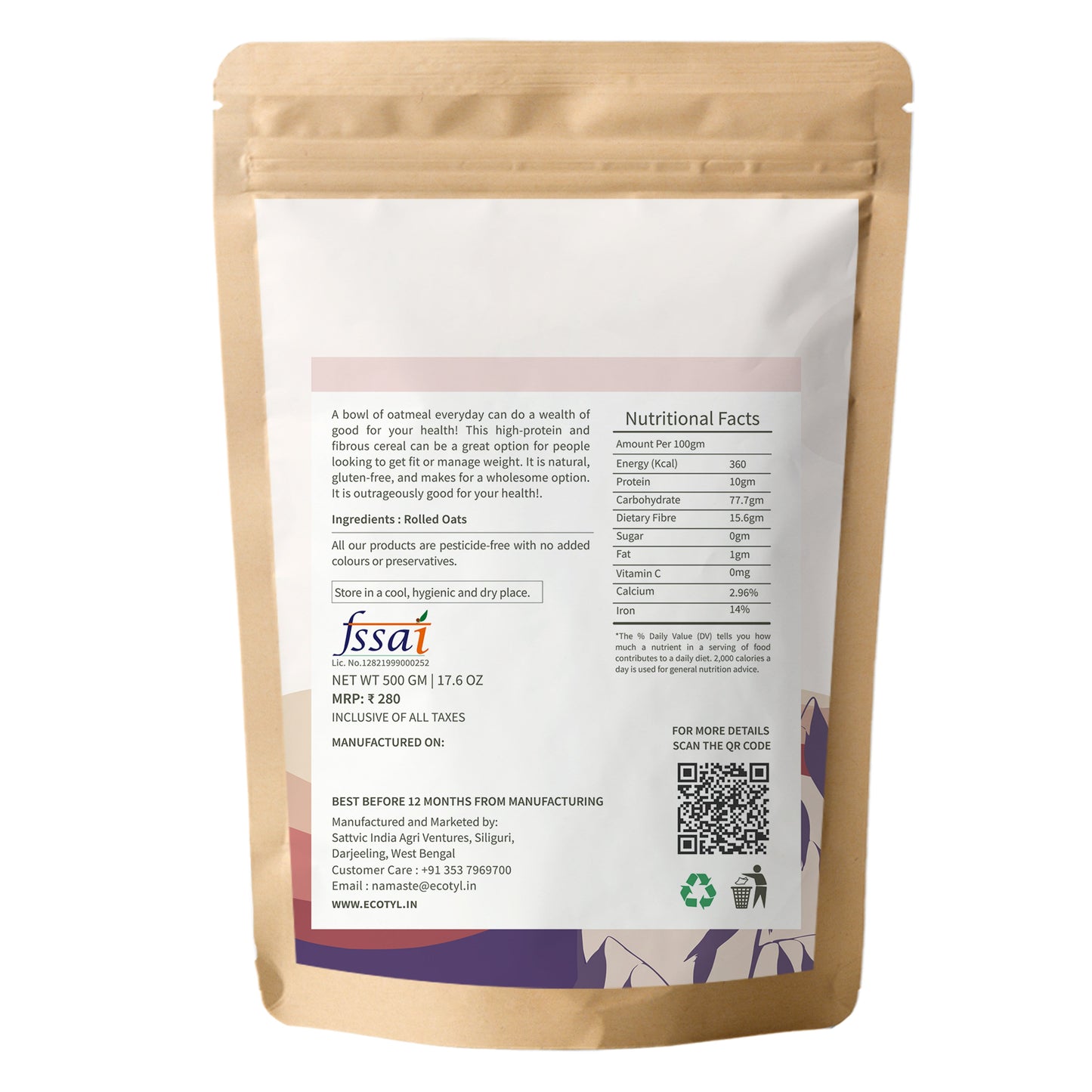 Ecotyl Rolled Oats | Gluten Free | Protein Rich | 500g