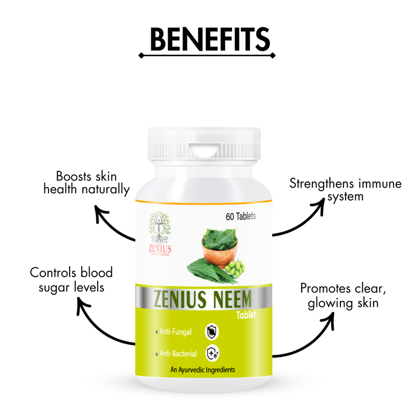 Zenius Neem Tablets - Natural Detox and Skin Health Tablets with Anti-Bacterial and Anti-Inflammatory Properties - 60 Tablets