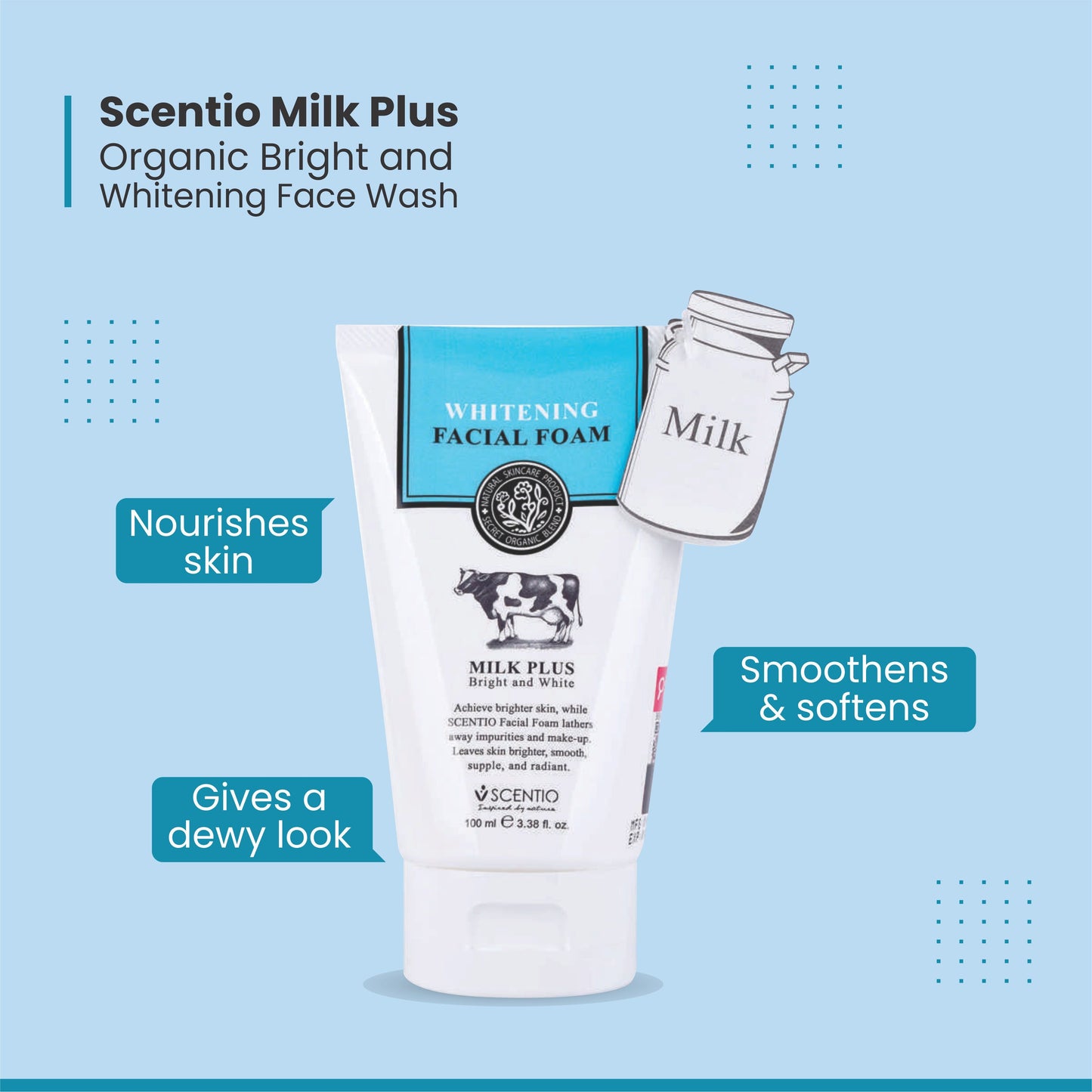 Scentio Milk Plus Organic Bright & Whitening Face Wash 100ML | Natural Skin Care from Thailand