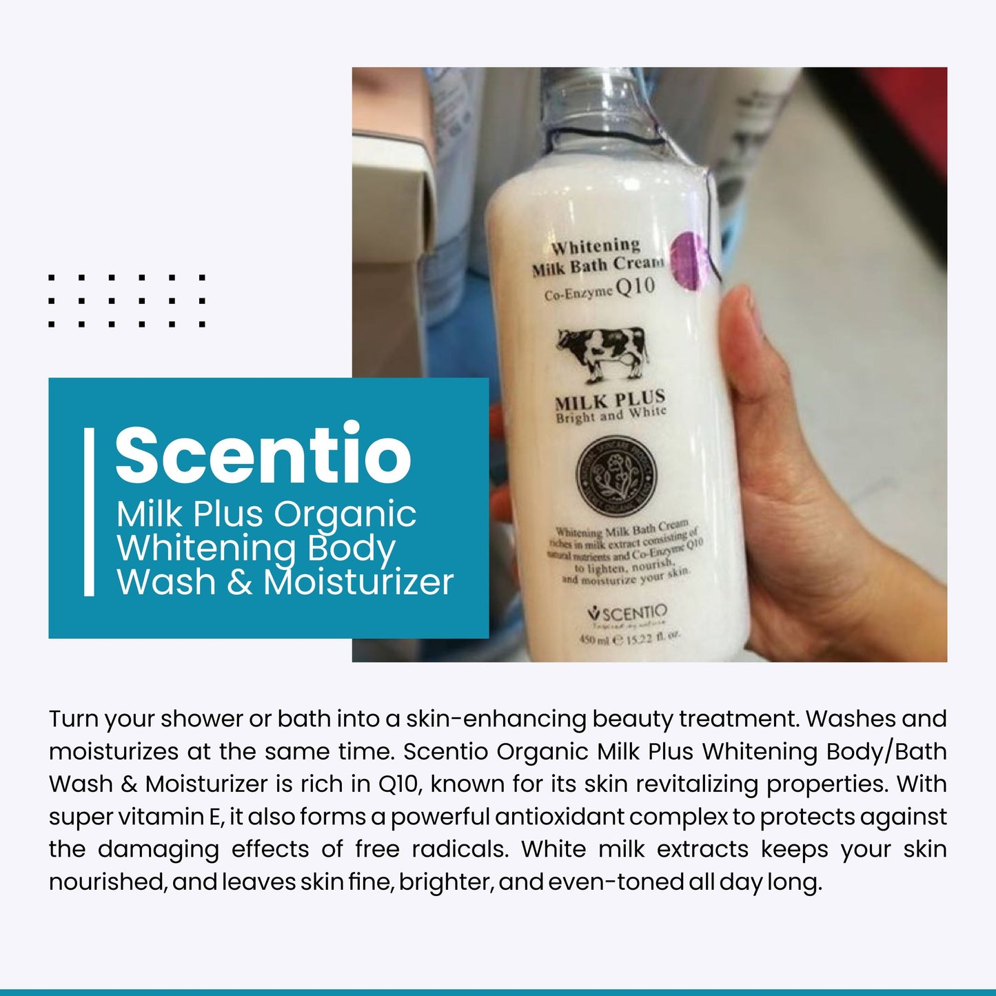 Scentio Milk Plus Organic Whitening Body Wash & Moisturizer 450ML | 2-in-1 Shower Gel