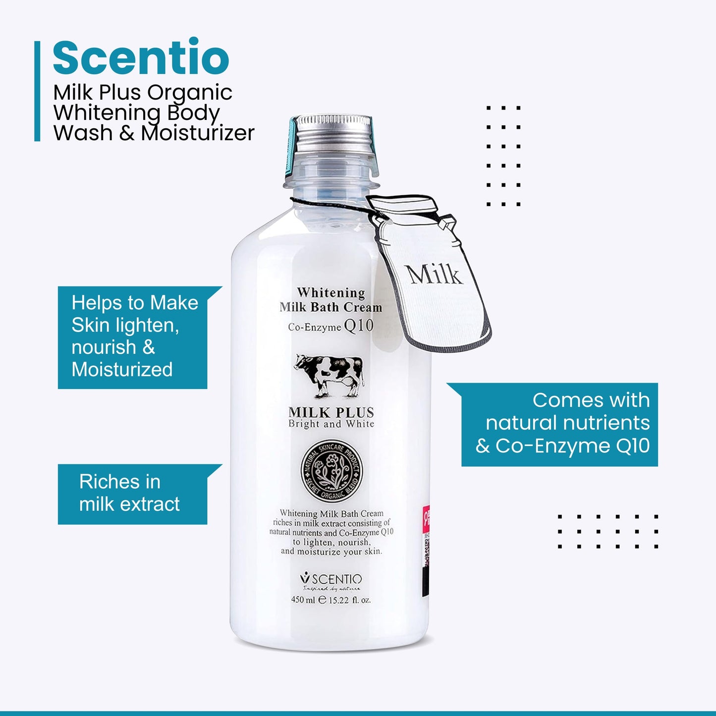Scentio Milk Plus Organic Whitening Body Wash & Moisturizer 450ML | 2-in-1 Shower Gel