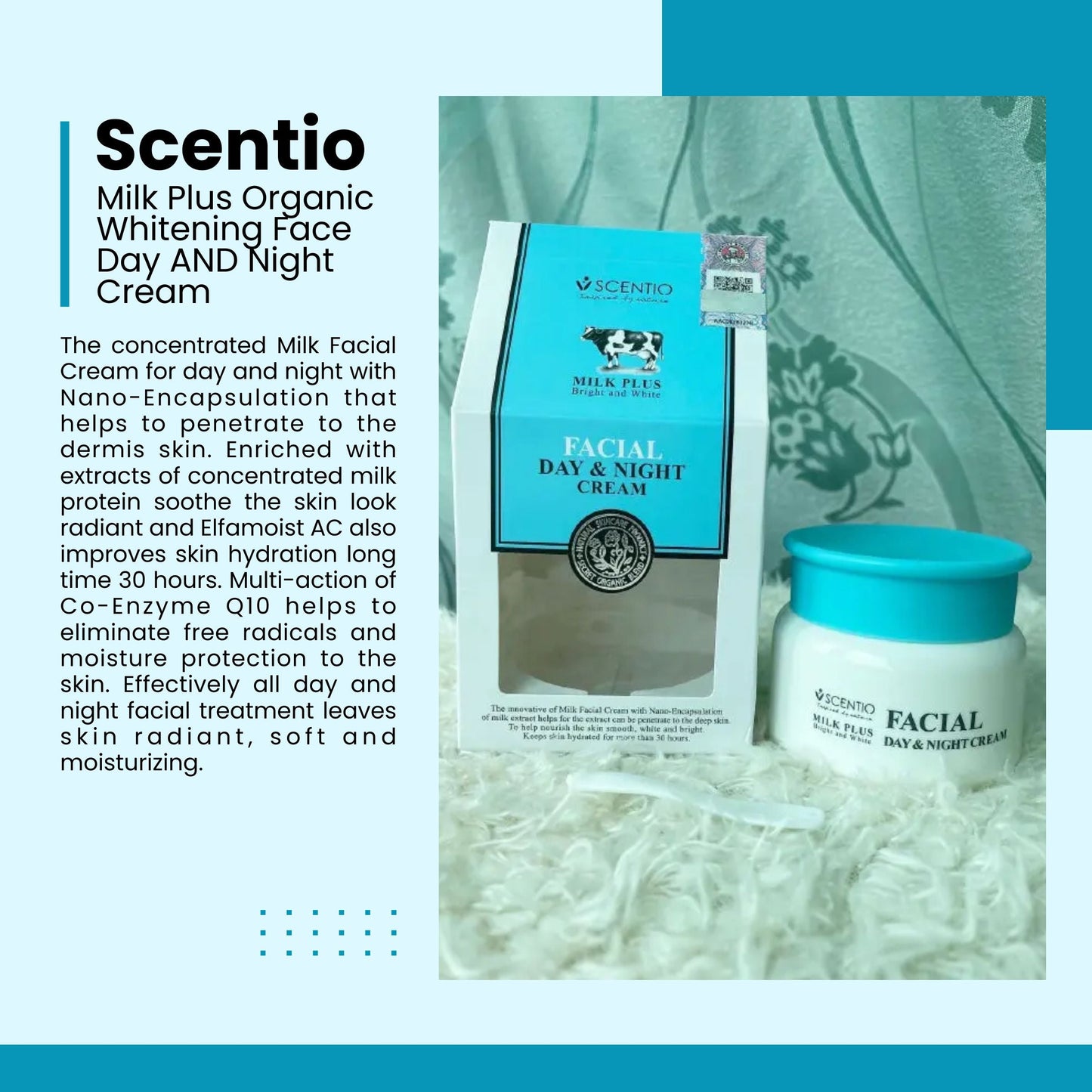 Scentio Milk Plus Organic Whitening Face Day & Night Cream 50ml | 30 Hours Hydration