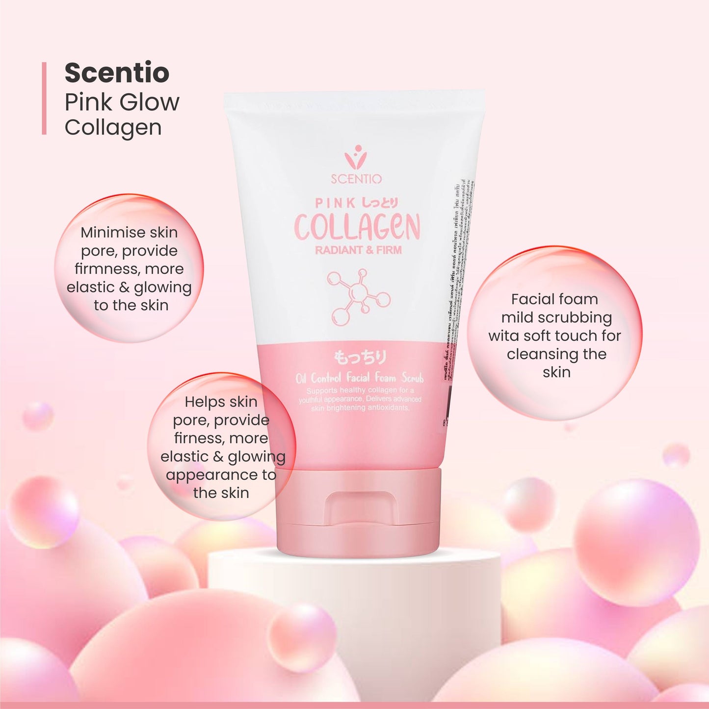 SCENTIO Pink Collagen 100ML – Organic Oil Control & Acne Face Wash | Thailand