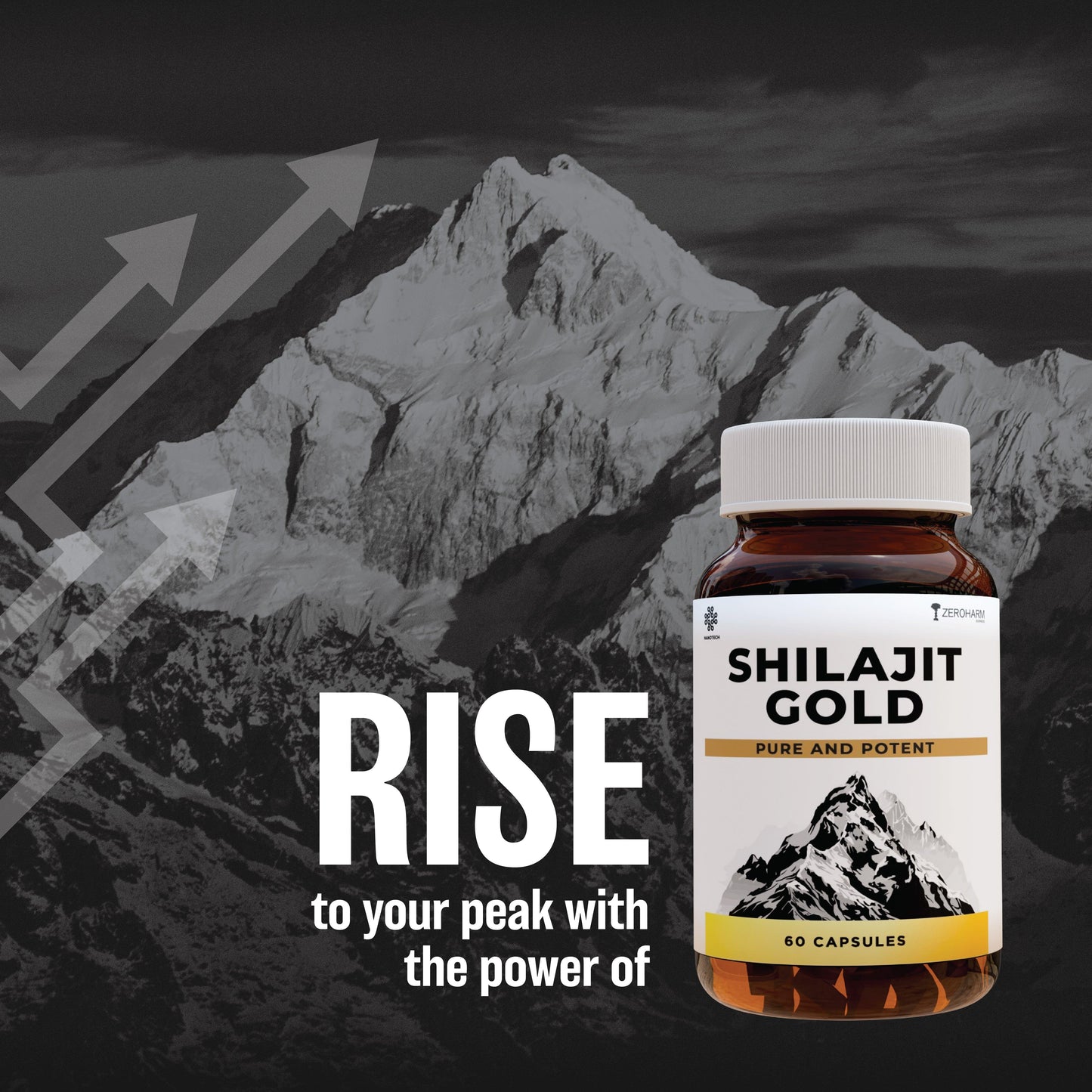 ZEROHARM Shilajit Gold Capsules - Pure Himalayan Shilajit 500 mg - Fulvic & Humic Acid - Natural Energy, Stamina Support & Muscle Growth - Backed by Nano-Technology – 60 Capsules