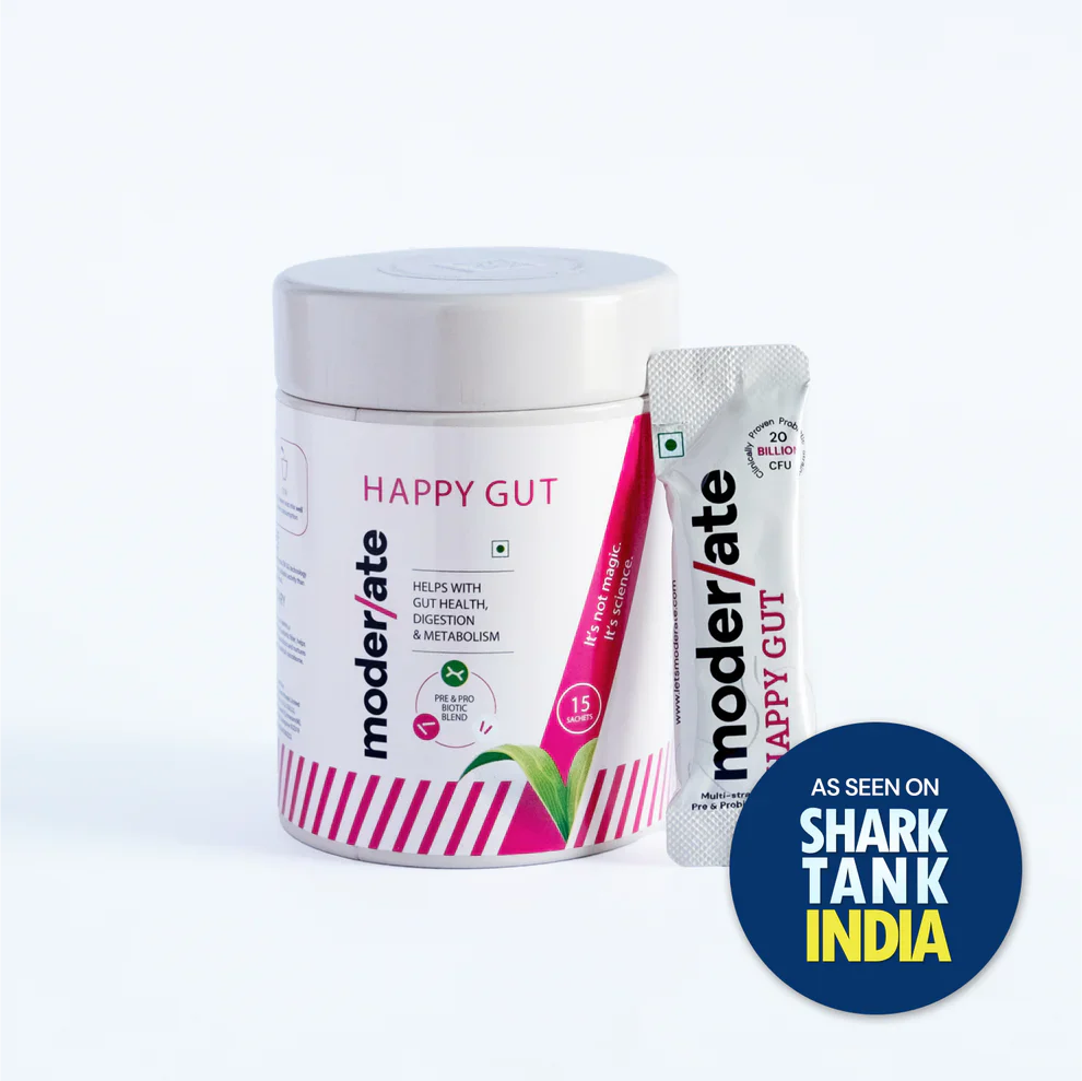 Moderate Happy Gut Sachet - Prebiotic & Probiotic – Complete Gut Health Solution with 9 Good Bug & Strains- 15 Sachets