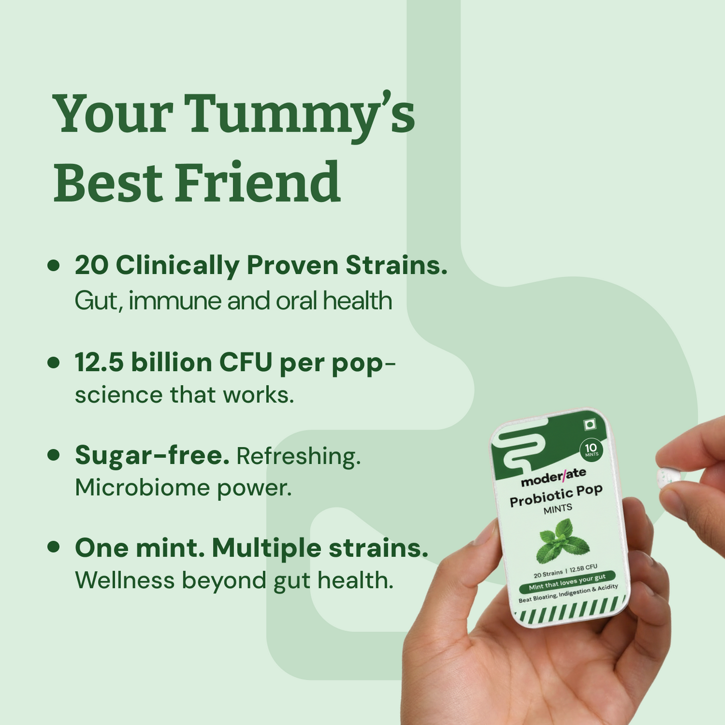 Moderate Probiotic Pop Mints with 20 Good Bugs & Strains | Sugar-Free Daily Probiotic for Bloating, Acidity, Indigestion & Gut Health