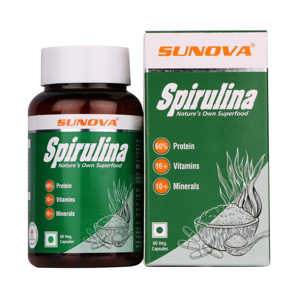Sunova Spirulina Capsule | For Energy, Stamina, Muscle Strength, Antioxidant Support & Bone Health - 60 Capsules