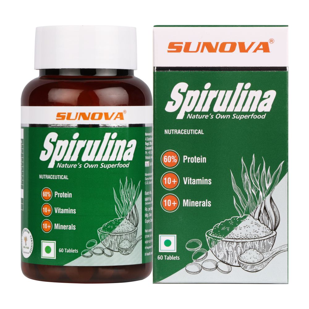 Sunova Spirulina Tablets | For Energy, Stamina, Muscle Strength, Antioxidant Support & Bone Health - 60 Tablets