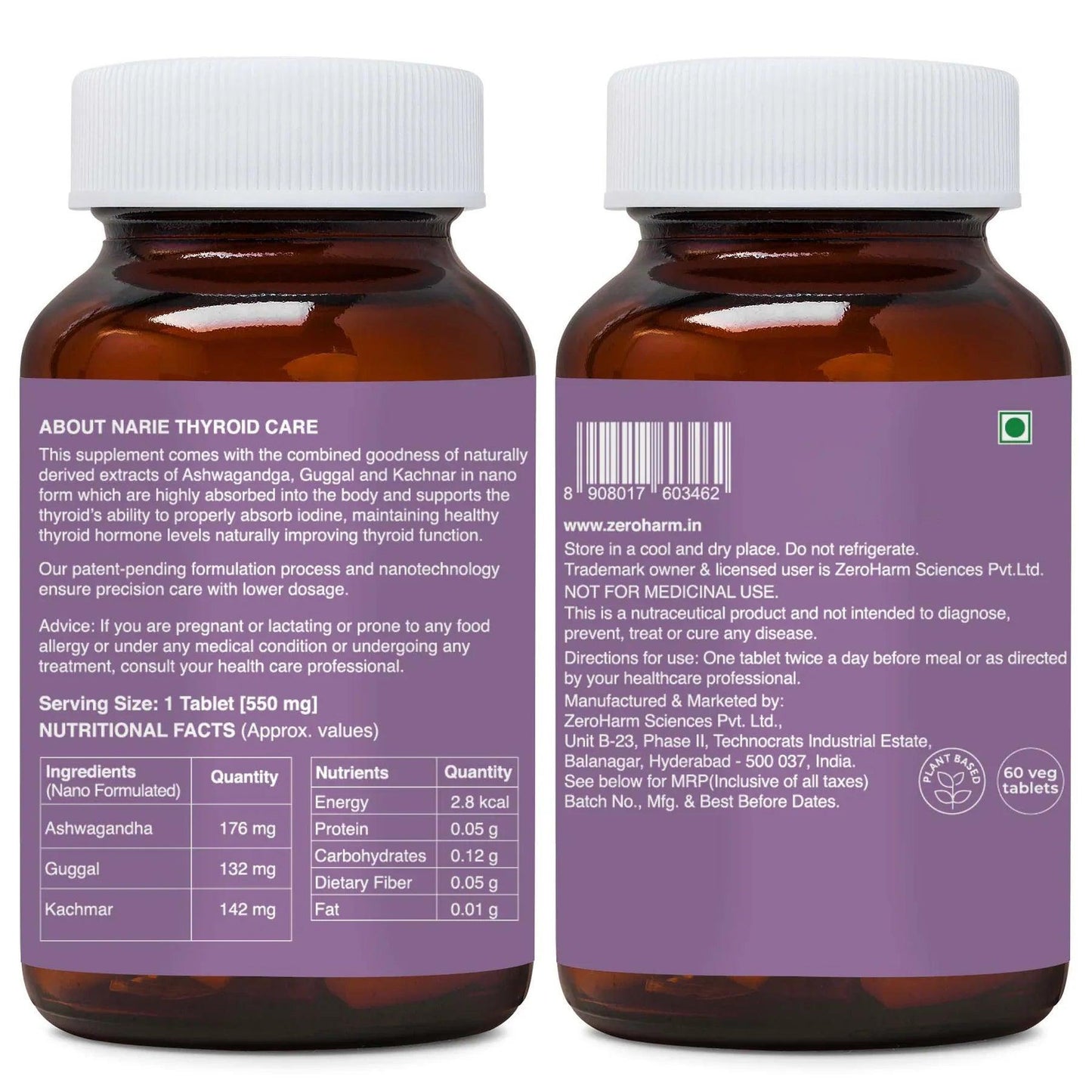 ZEROHARM Narie Thyroid Care Supplement With Ashwagandha, Guggal & Kachnar for Women - Supports Energy, Metabolism, Mood, Thyroid Health & Weight Management - 60 Tablets