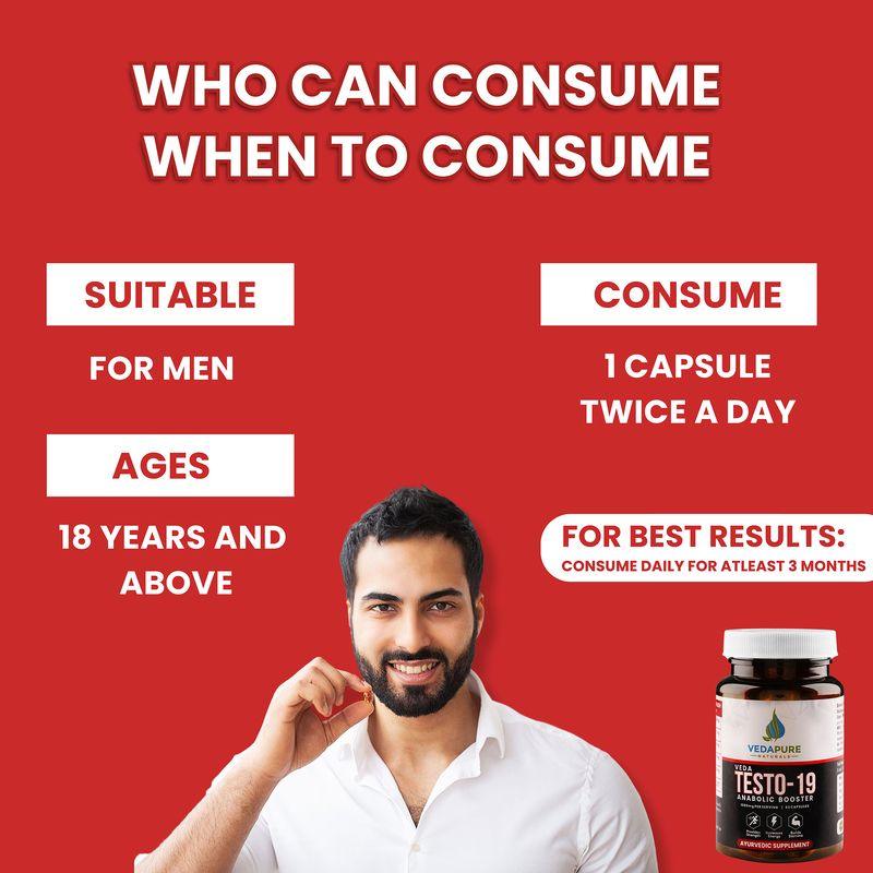 Vedapure Naturals Veda Testo-19 Capsules Anabolic Booster- Chota Gokhru, Shatavari, Safed Musli, Ashwagandha extracts - 60 Capsules