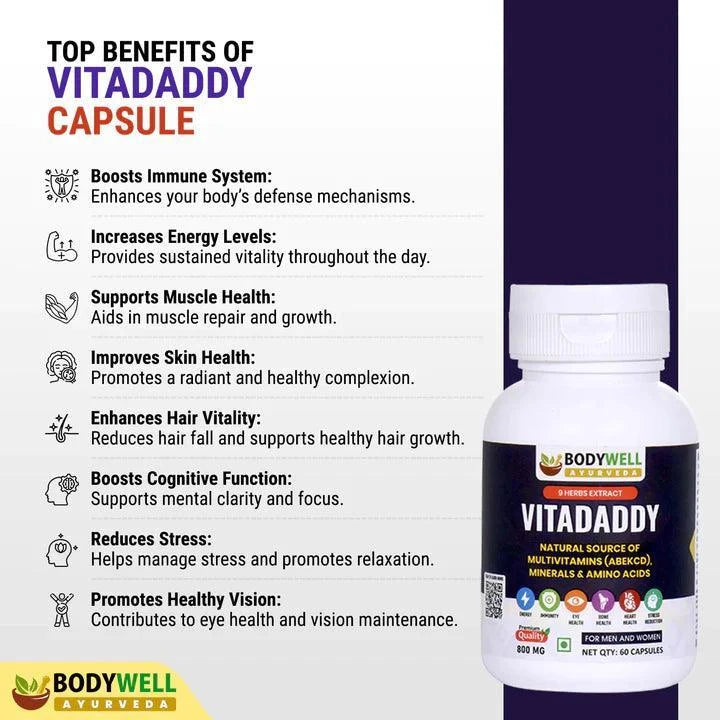 Bodywell Ayurveda VitaDaddy Multivitamin Capsules (ABCDEK), Minerals and Amino Acids, 800mg, Veg. Capsules