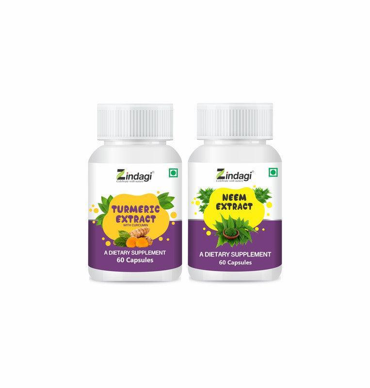 Zindagi Neem And Turmeric Ayurvedic Capsules - Powerful Antioxidant Capsules Combo Pack (60 Caps Each)