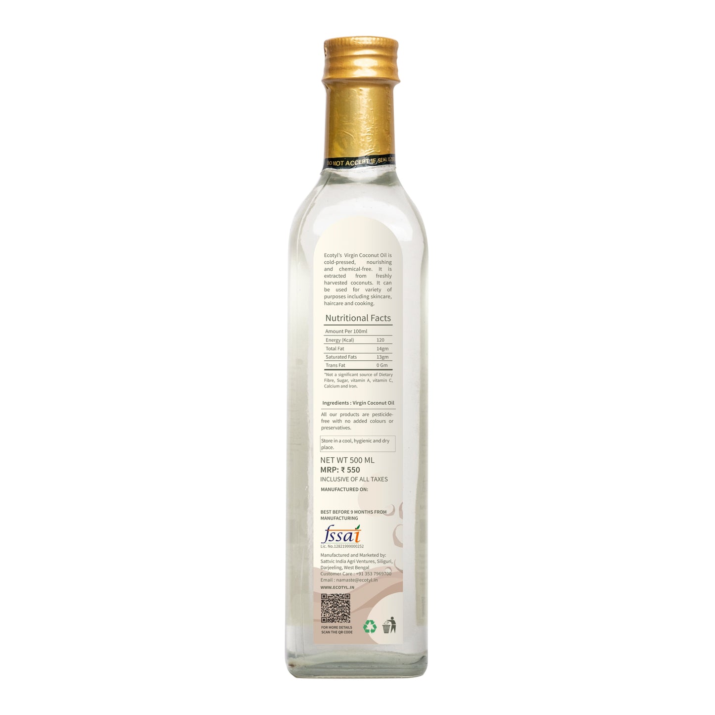 Ecotyl Cold-Pressed Virgin Coconut Oil - 500ml