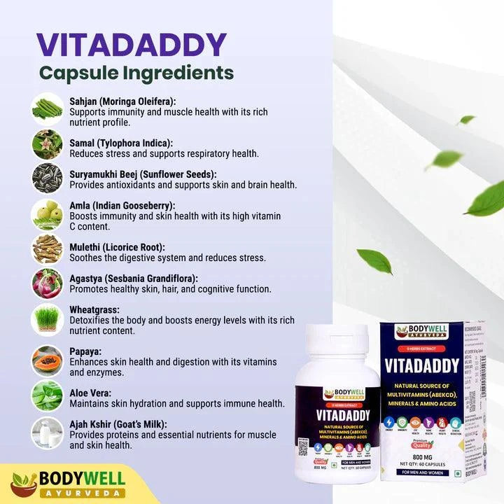 Bodywell Ayurveda VitaDaddy Multivitamin Capsules (ABCDEK), Minerals and Amino Acids, 800mg, Veg. Capsules
