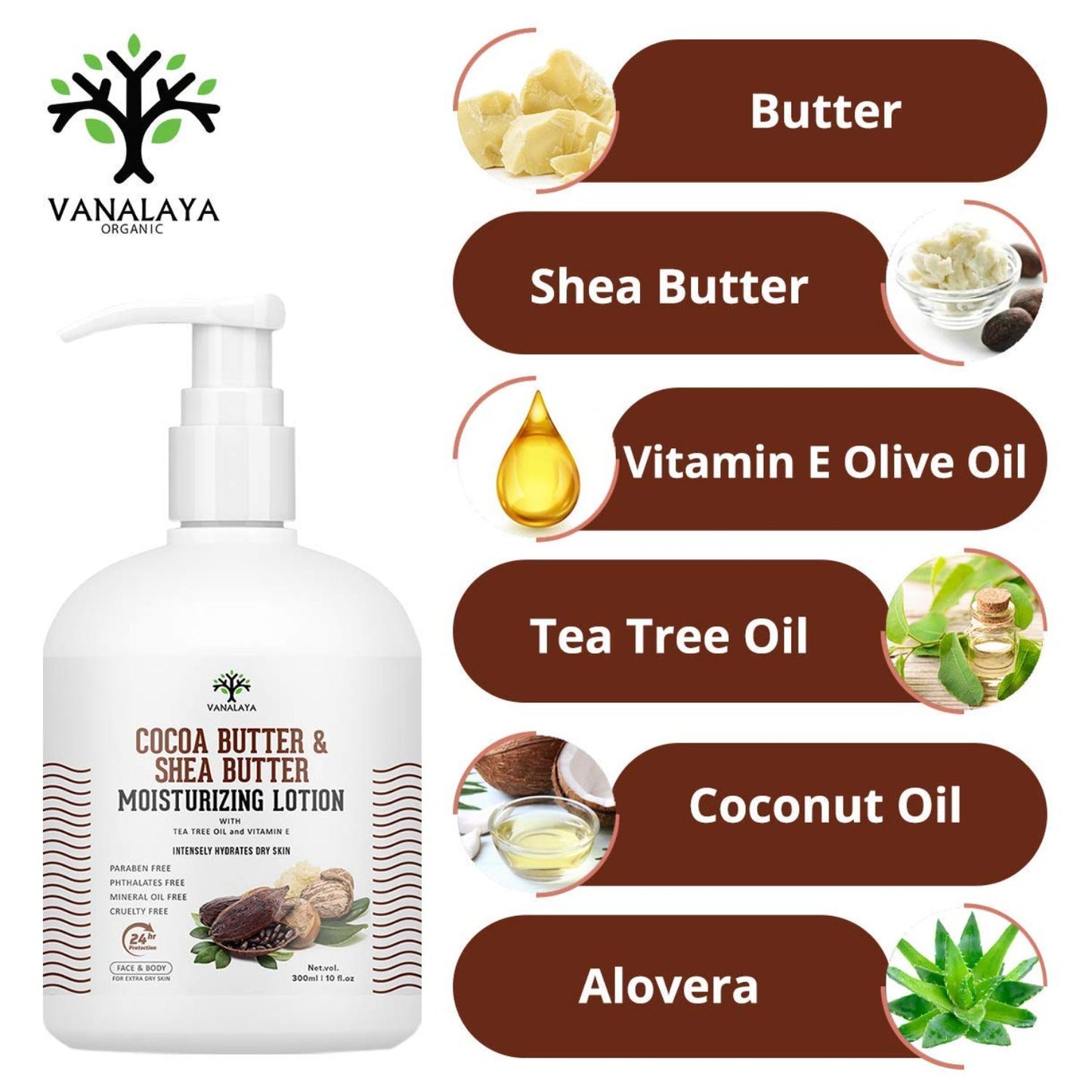 Vanalaya Cocoa Butter & Shea Butter Moisturizing Lotion with Vitamin E and coconut oil for Dry Skin Face and Body - 300ml