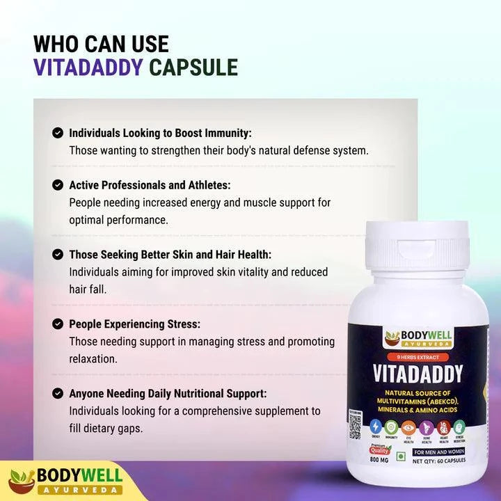 Bodywell Ayurveda VitaDaddy Multivitamin Capsules (ABCDEK), Minerals and Amino Acids, 800mg, Veg. Capsules
