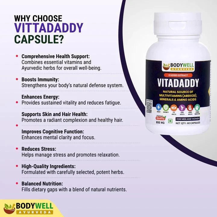 Bodywell Ayurveda VitaDaddy Multivitamin Capsules (ABCDEK), Minerals and Amino Acids, 800mg, Veg. Capsules