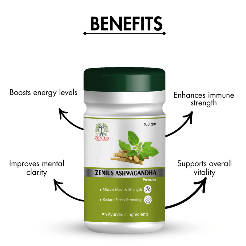Zenius Ashwagandha Powder - Herbal Stress Relief, Energy Boost, and Immunity Support - 100gm Powder