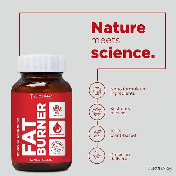 ZEROHARM Fat Burner Tablets - Weight Management Supplements for Men & Women - Garcinia Cambogia, Green Coffee, Green Tea, Apple Cider Vinegar - Boosts Metabolism & Controls Cravings - 60 Veg Tablets