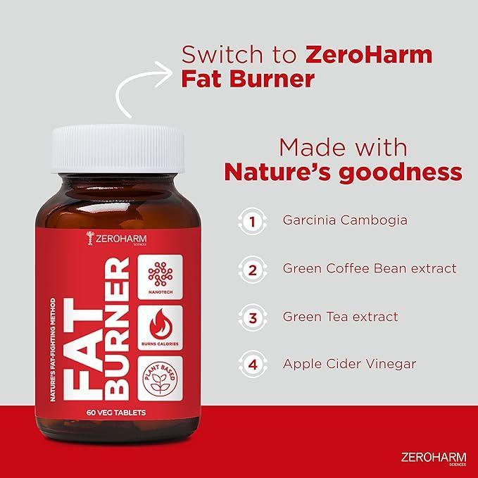 ZEROHARM Fat Burner Tablets - Weight Management Supplements for Men & Women - Garcinia Cambogia, Green Coffee, Green Tea, Apple Cider Vinegar - Boosts Metabolism & Controls Cravings - 60 Veg Tablets