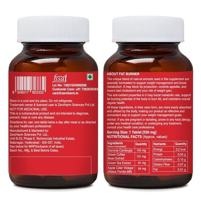 ZEROHARM Fat Burner Tablets - Weight Management Supplements for Men & Women - Garcinia Cambogia, Green Coffee, Green Tea, Apple Cider Vinegar - Boosts Metabolism & Controls Cravings - 60 Veg Tablets