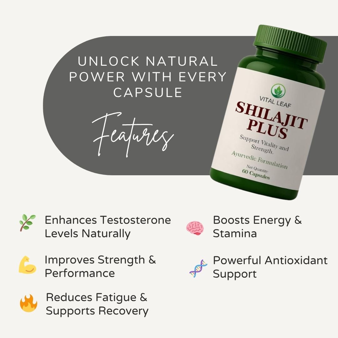 Vital Leaf Shilajit Plus Capsules – Ayurvedic Blend with Shilajit, Ashwagandha, Safed Musli & Gokshura – 60 Plant-Based Capsules – Natural Herbal Supplement