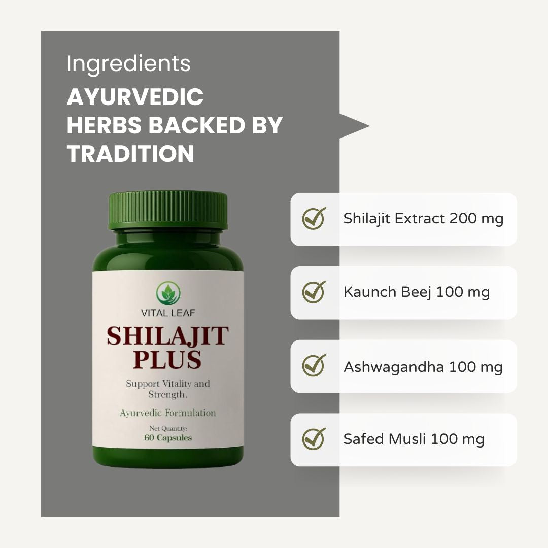 Vital Leaf Shilajit Plus Capsules – Ayurvedic Blend with Shilajit, Ashwagandha, Safed Musli & Gokshura – 60 Plant-Based Capsules – Natural Herbal Supplement