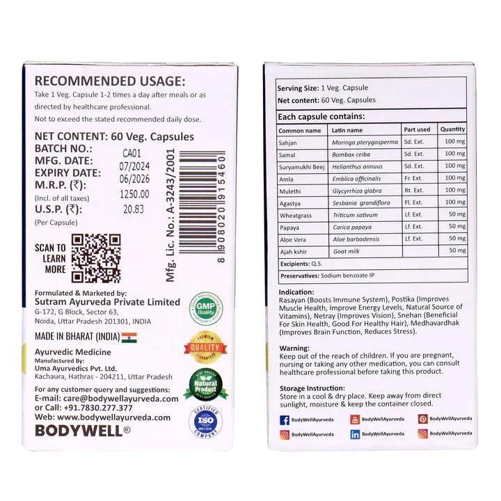 Bodywell Ayurveda VitaDaddy Multivitamin Capsules (ABCDEK), Minerals and Amino Acids, 800mg, Veg. Capsules