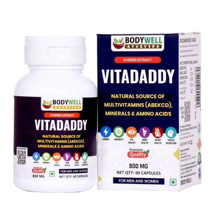 Bodywell Ayurveda VitaDaddy Multivitamin Capsules (ABCDEK), Minerals and Amino Acids, 800mg, Veg. Capsules