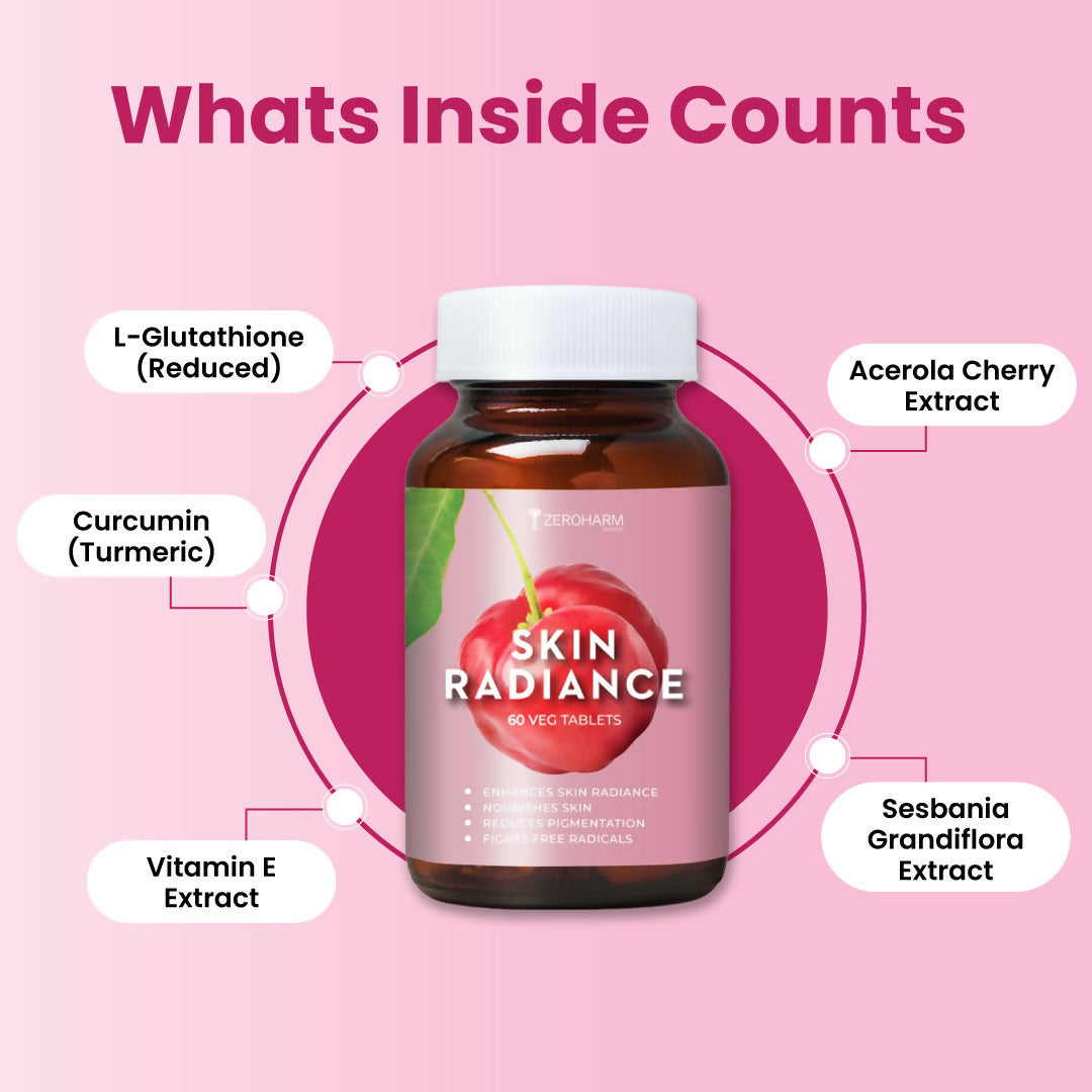 ZEROHARM Skin Radiance Supplement With L-Glutathione, Acerola Cherry Extract (Vitamin C), Vitamin B7(Biotin) & E - Helps Reduce Dark Spots, Brightens & Hydrates Skin for Men & Women - 60 Tablets
