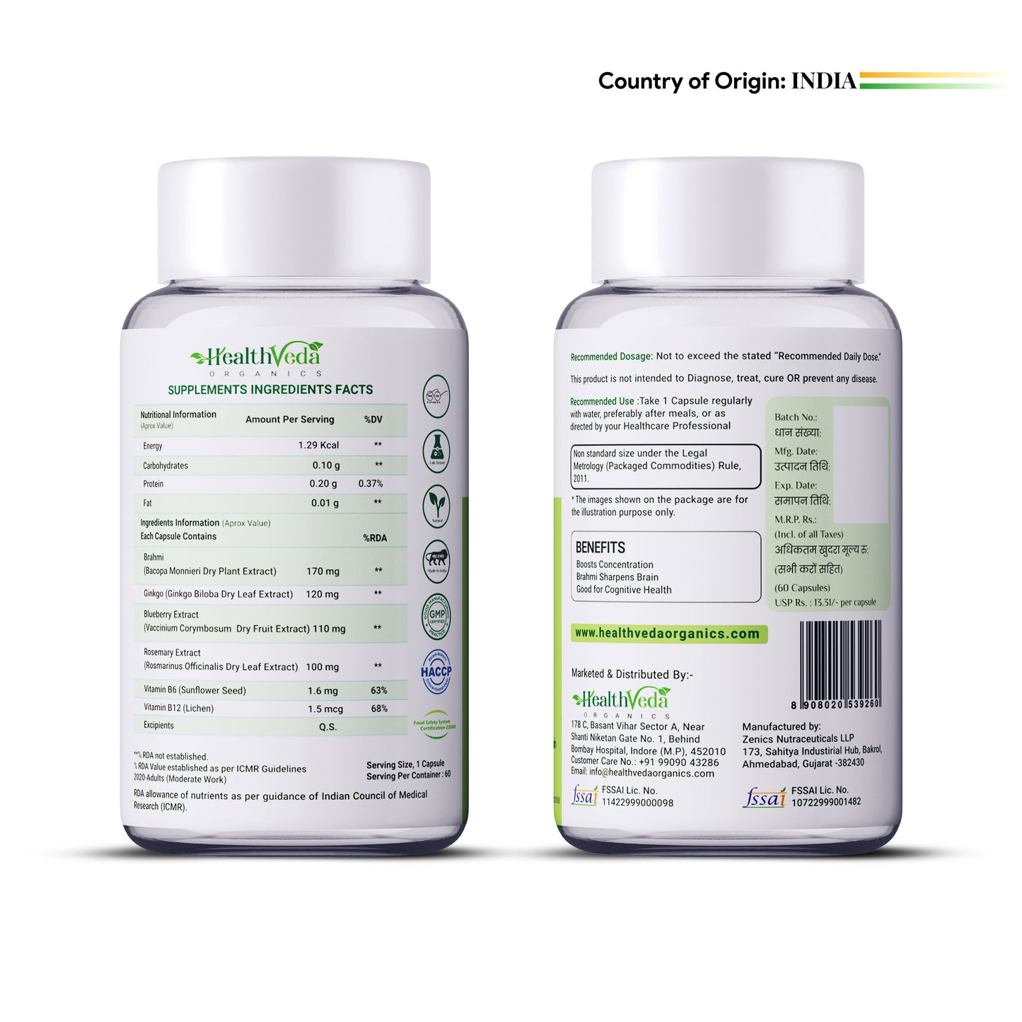 Health Veda Organics Brain Booster Capsule - 60 Capsules