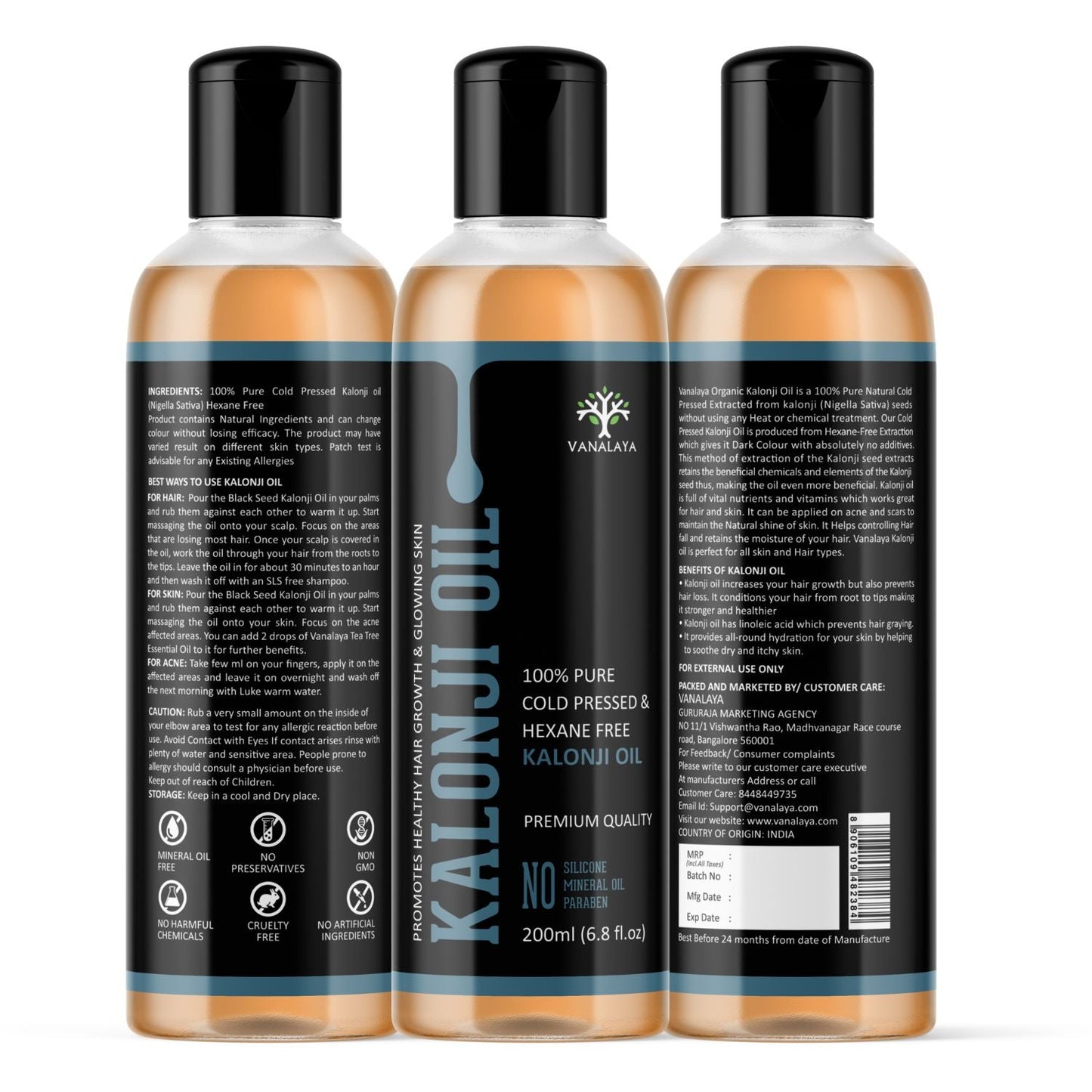 Vanalaya Pure Cold Pressed Kalonji Oil, Black Seed Oil For Hair Growth & Skin Care No Mineral Oil, No Silicones 200ml