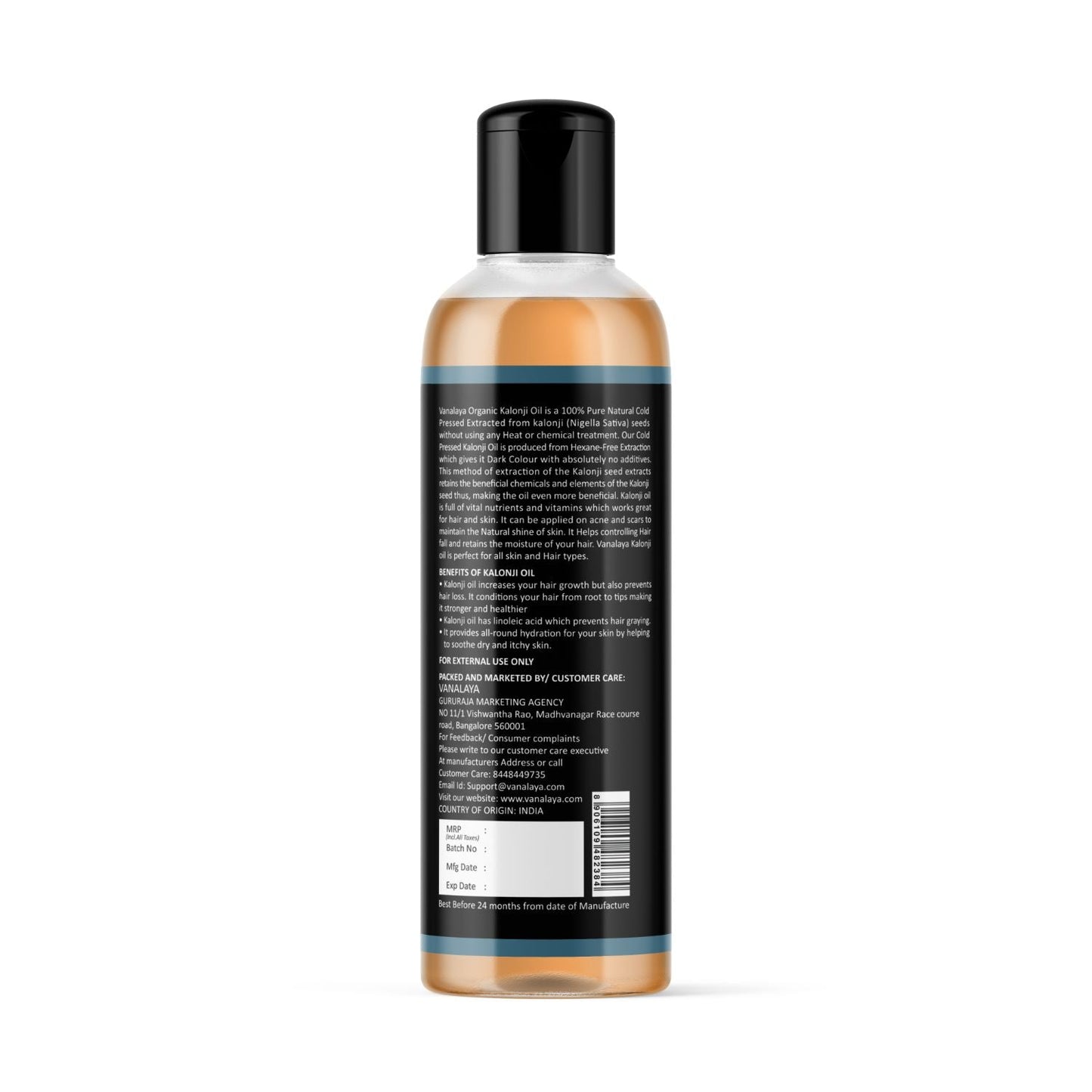 Vanalaya Pure Cold Pressed Kalonji Oil, Black Seed Oil For Hair Growth & Skin Care No Mineral Oil, No Silicones 200ml