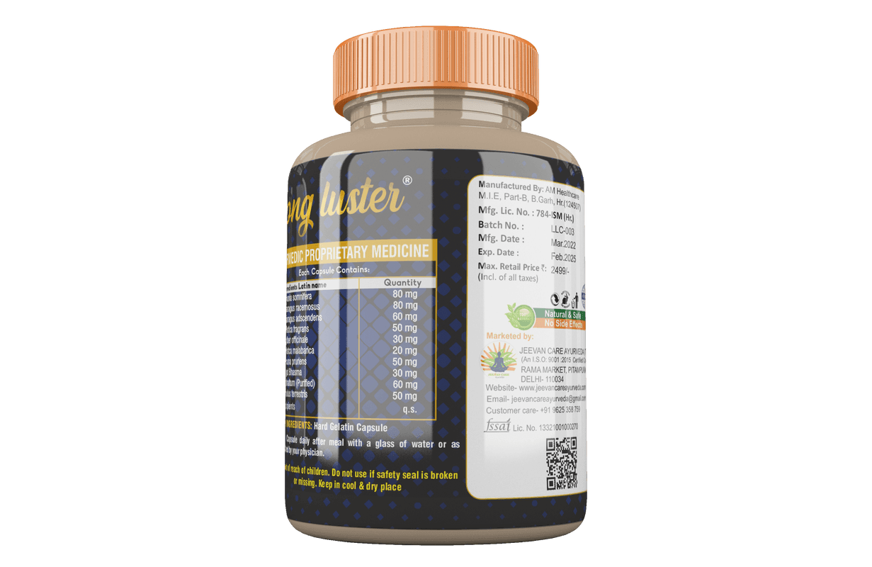 Divya Shree Long Luster Boost Testosterone Levels and Confidence | Relives Stress, Boosts Energy | Enhances Stamina | 60 Capsule Jeevan Care Ayurveda