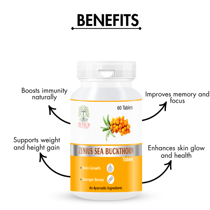 Zenius Sea Buckthorn Tablets - Rich in Antioxidants, Supports Skin, Hair, and Immune System Health - 60 Tablets