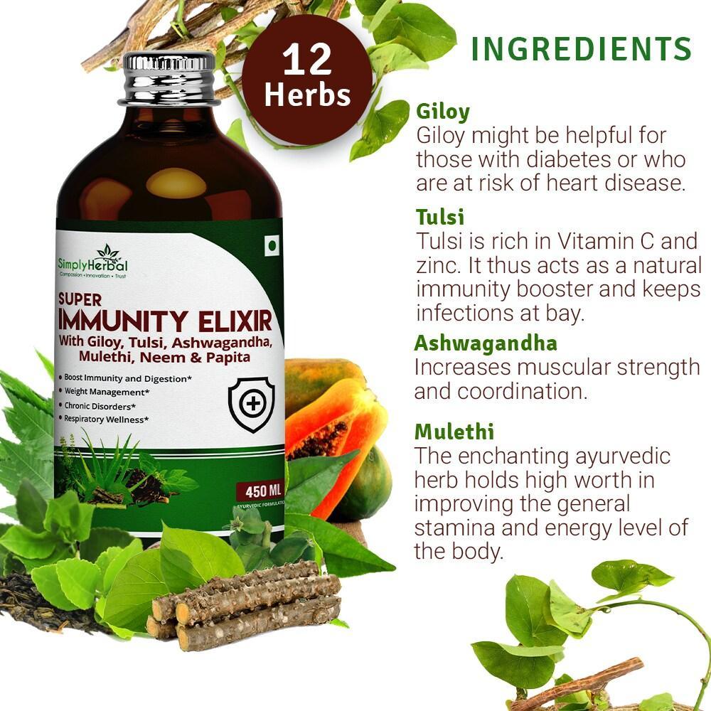 Simply Herbal Super Immunity Elixir Enriched with Giloy, Tulsi, Neem, Papita & Ashwagandha (Pack of 2 & 3)