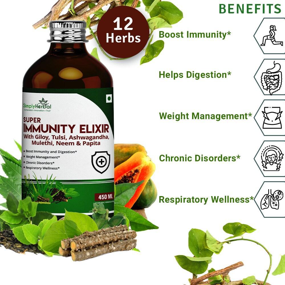 Simply Herbal Super Immunity Elixir Enriched with Giloy, Tulsi, Neem, Papita & Ashwagandha (Pack of 2 & 3)