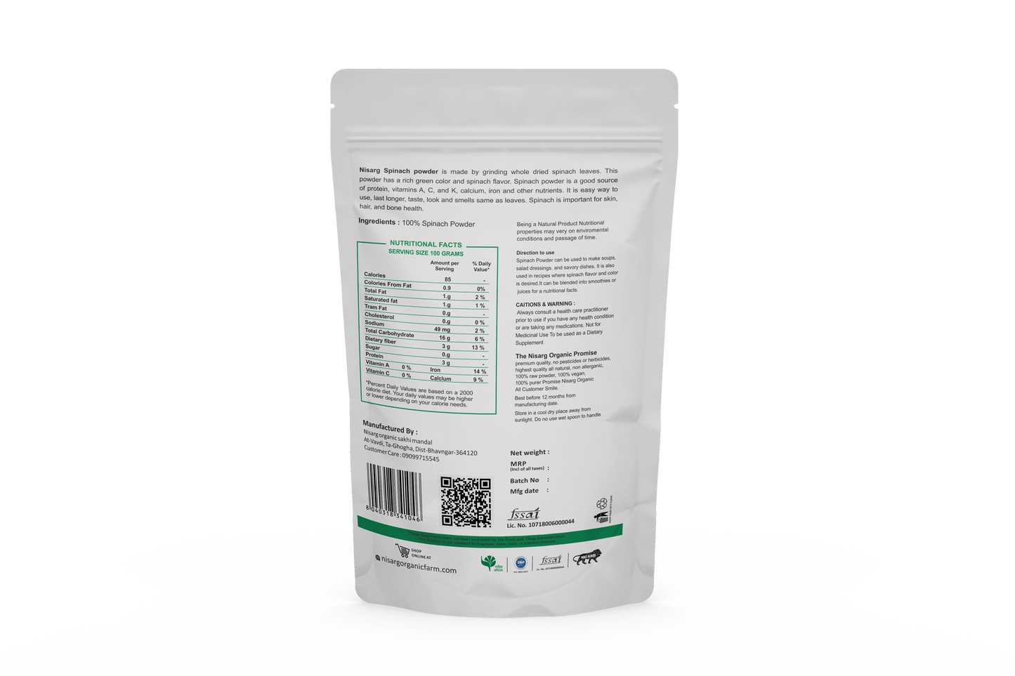 Nisarg Organic Farm Spinach (Palal) Powder