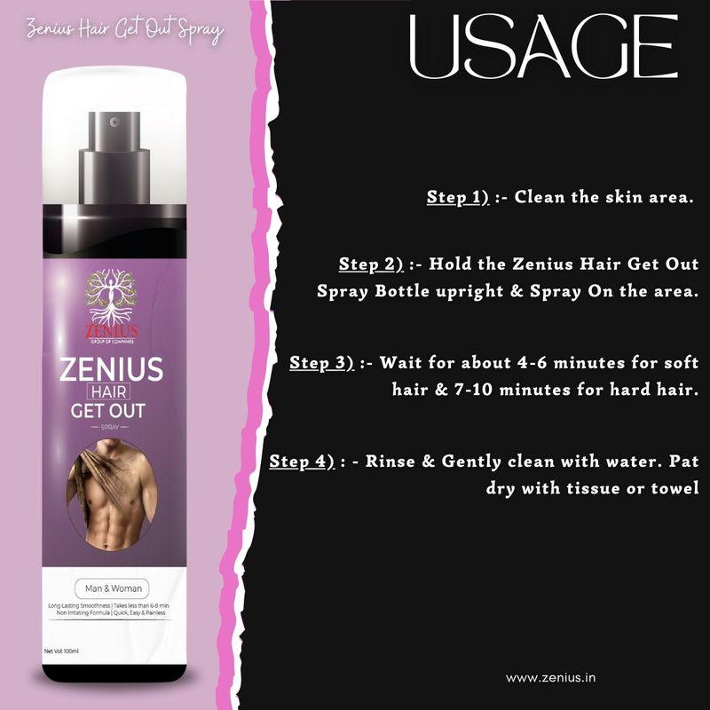 Zenius Hair Get Out Spray - Hair Removal Spray for Painless Body Hair Removal - 100ml Spray