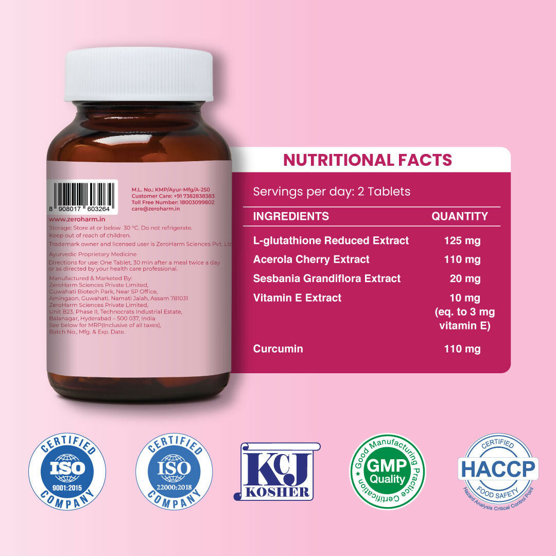 ZEROHARM Skin Radiance Supplement With L-Glutathione, Acerola Cherry Extract (Vitamin C), Vitamin B7(Biotin) & E - Helps Reduce Dark Spots, Brightens & Hydrates Skin for Men & Women - 60 Tablets