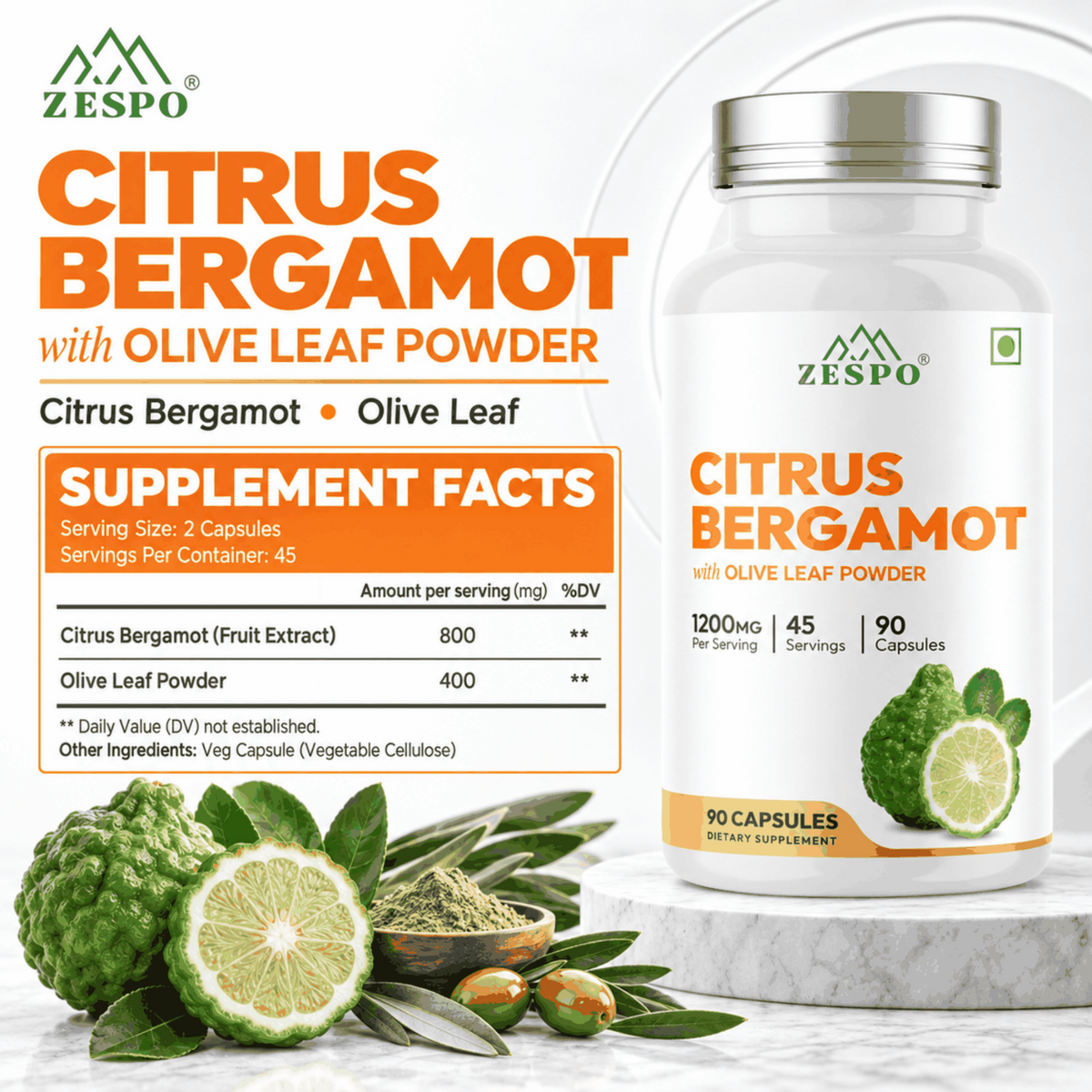 Zespo Citrus Bergamot 1200 mg with Olive Leaf – 90 Capsules