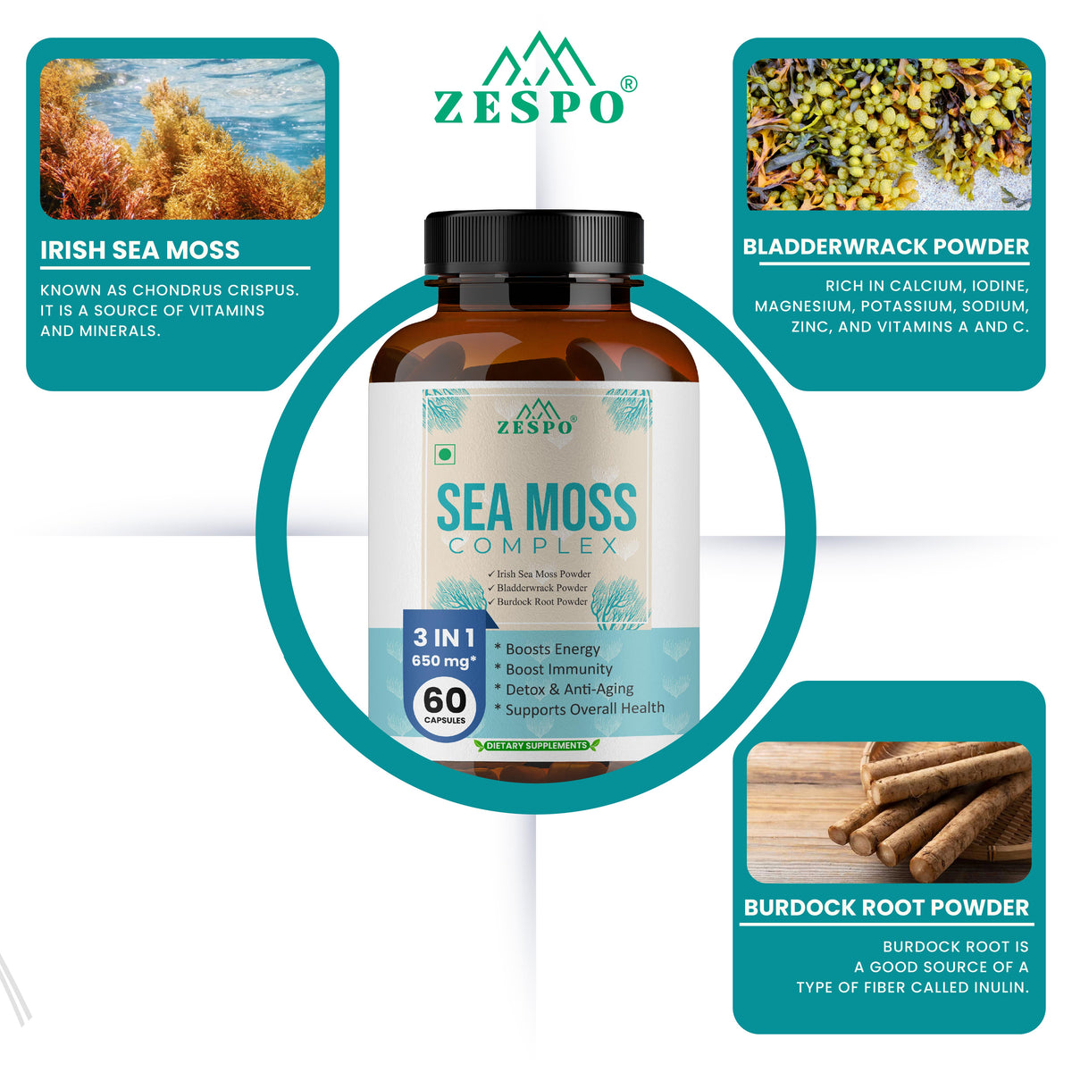 Zespo Sea Moss Complex 3 in 1 – 650 mg Per Capsule with Irish Sea Moss, Bladderwrack & Burdock Root Powder – Supports Energy, Immunity, Natural Detox – 60 Capsules