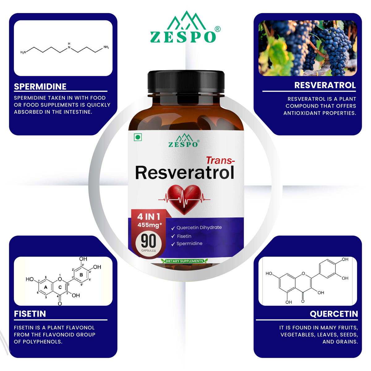Zespo Trans-Resveratrol 4 in 1 – 455 mg Per Capsule with Quercetin Dihydrate, Fisetin & Spermidine – Supports Healthy Aging & Cellular Wellness – 90 Capsules